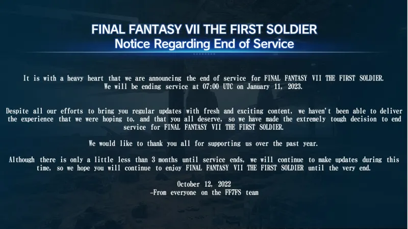 Final Fantasy VII The First Soldier Shuts Down In January