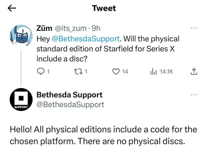 UPDATE: Bethesda Confirms Starfield Physical Standard Editions Will Include A Disc