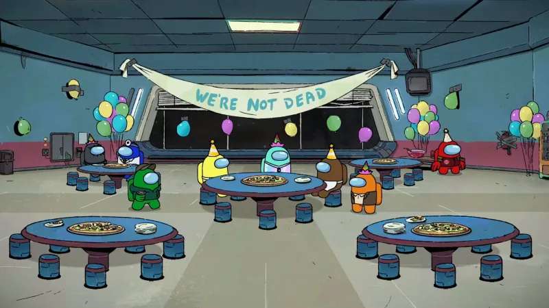 A party in episode one. I'm using it as a pseudo group shot, because nobody has died yet at this point.